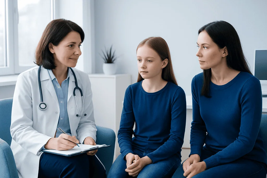 Doctor consulting with young girl and her mother in a medical office.