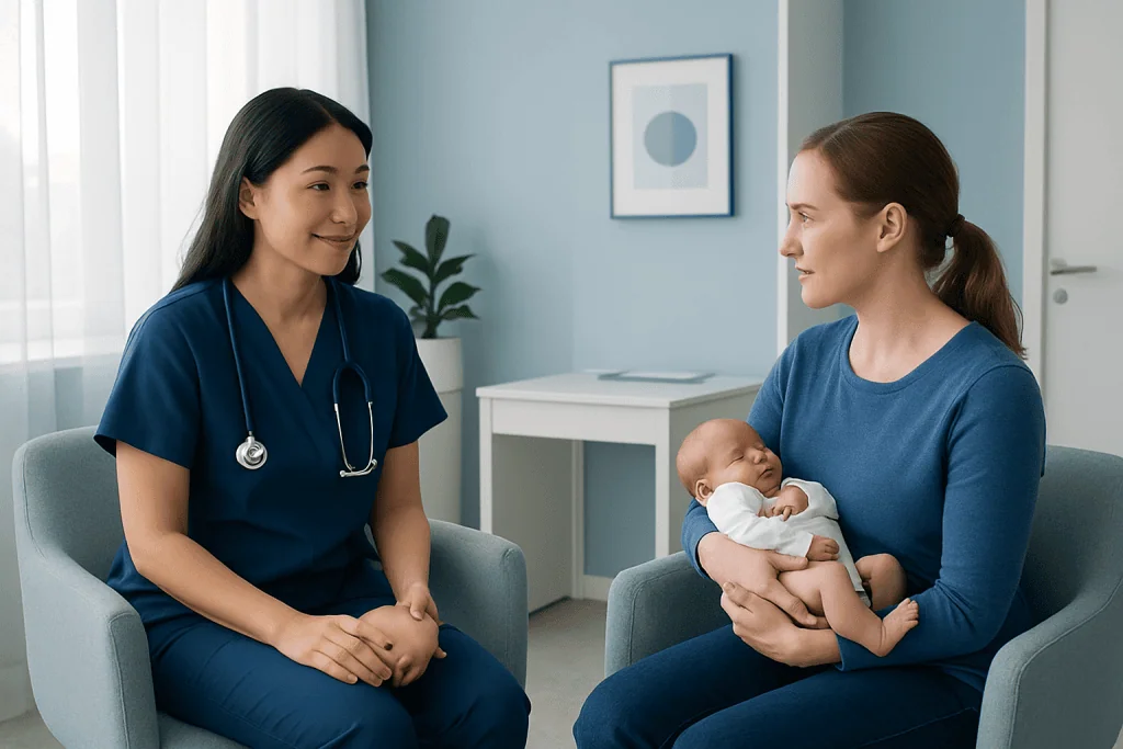 Pediatric occupational therapist consulting with mother and newborn in clinic.
