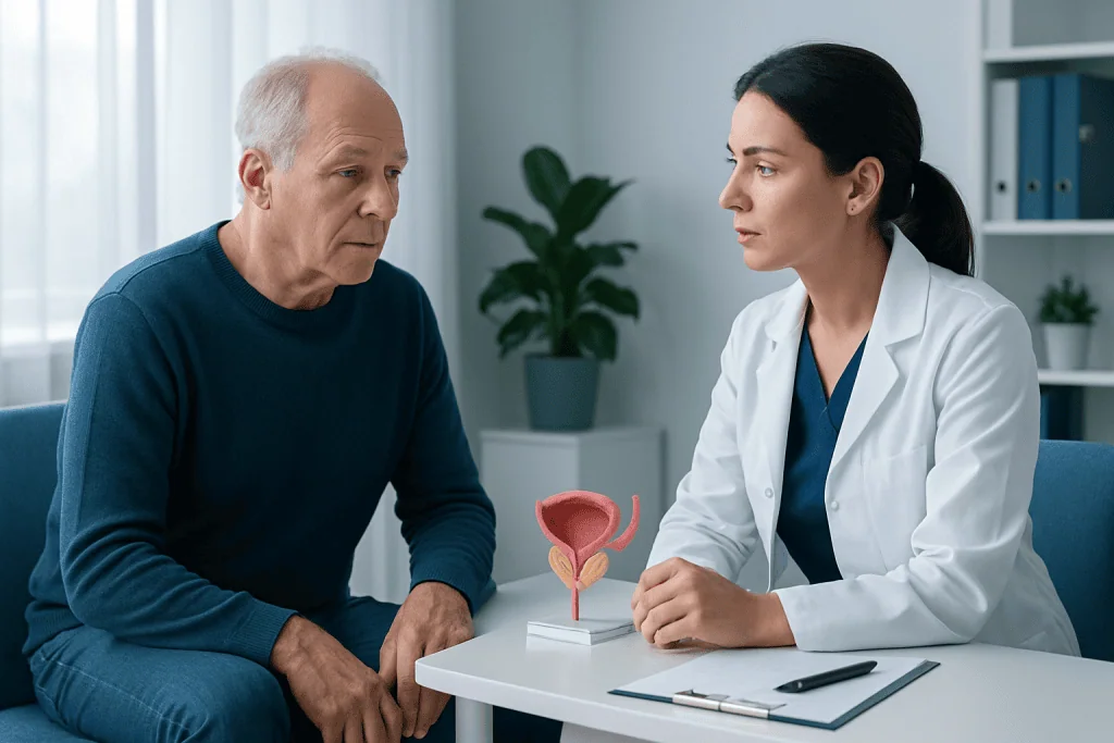 Urologist consulting with an older male patient about prostate health.