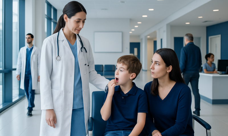 Pediatric doctor examining a young boy in a hospital corridor.