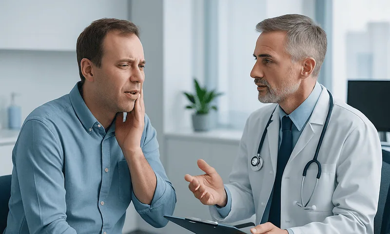 Doctor examining a patient with a sore throat in a clinic setting.