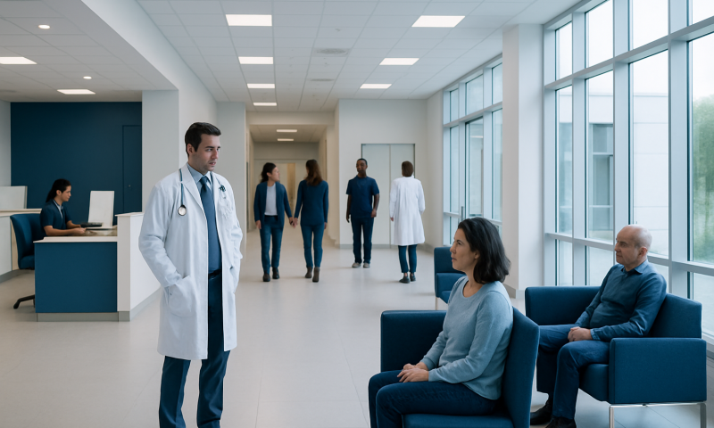 Hospital corridor with doctors and patients in a modern healthcare facility.