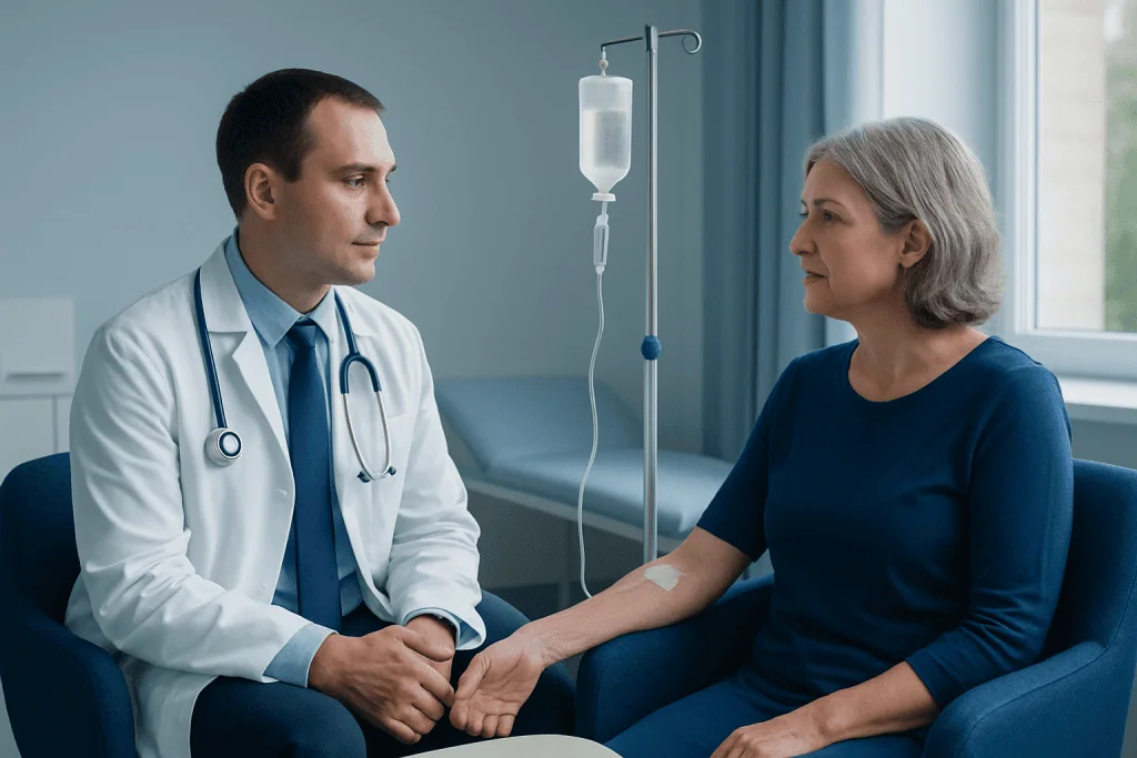 Doctor consulting with a patient in a hospital room with IV drip.