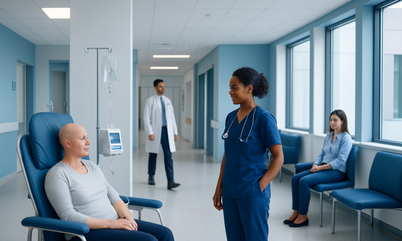 Patient and healthcare professionals in a hospital corridor.