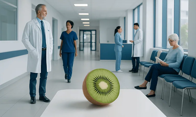 Medical professionals and a patient in a hospital corridor with a kiwi on a table.