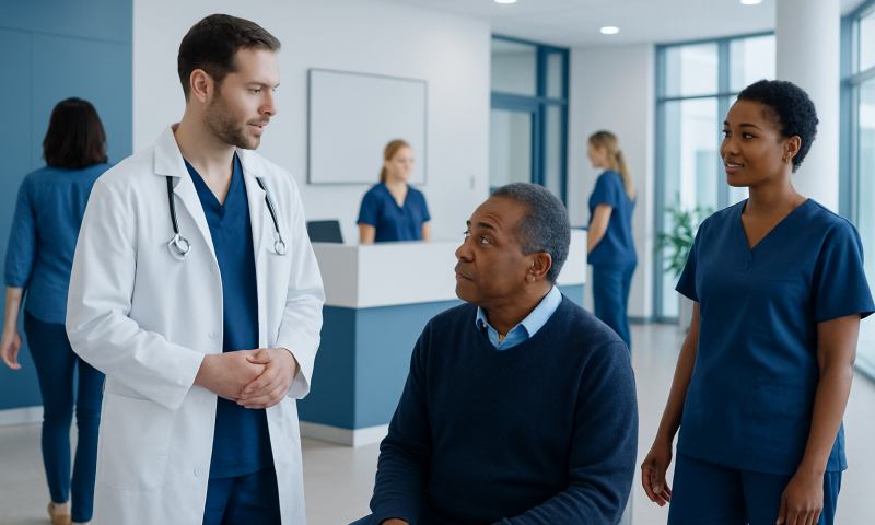 Doctor consulting with a patient in a hospital corridor.