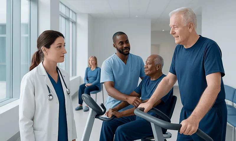 Elderly man exercising on treadmill with medical staff and caregivers present.