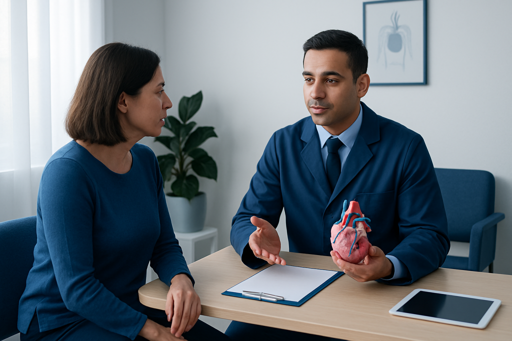 Cardiac specialist explaining heart health to a patient in a consultation room.