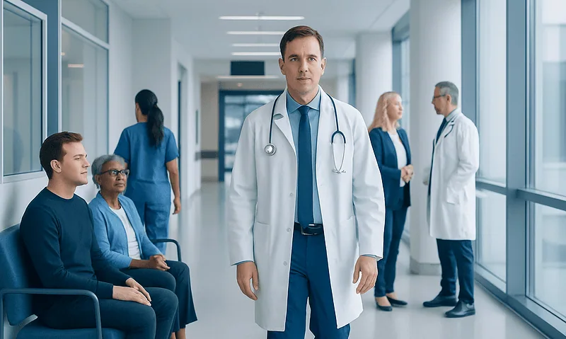 Medical team in hospital corridor with doctor and patients.