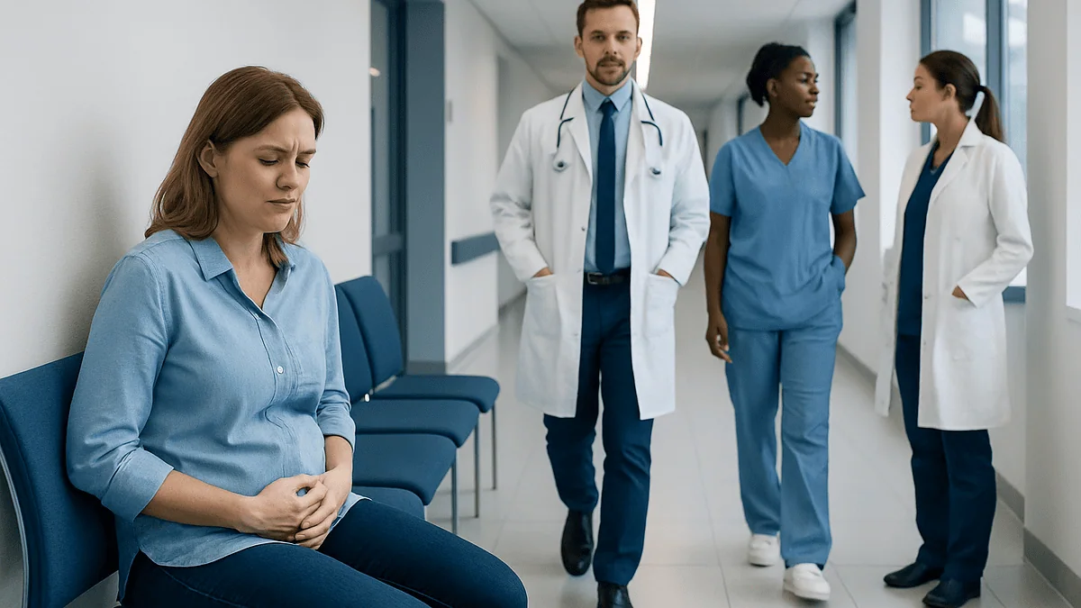 Patient experiencing abdominal discomfort in hospital corridor with medical staff nearby.