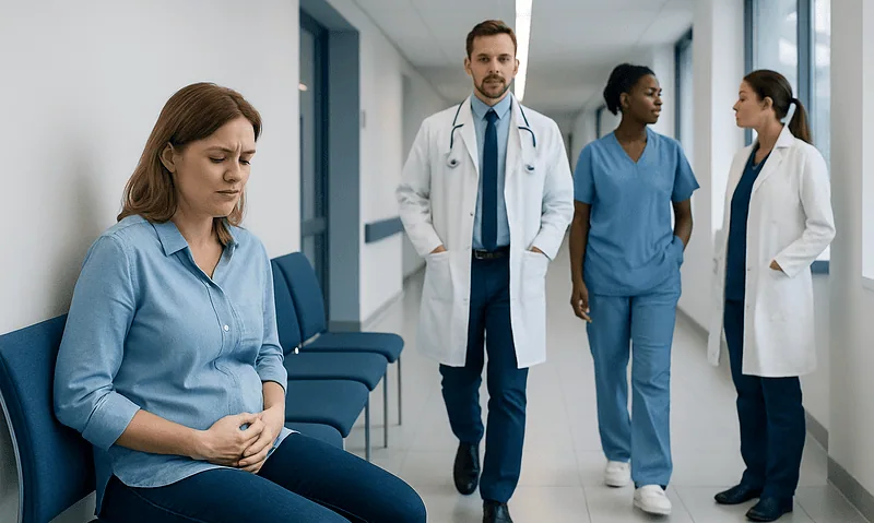 Patient experiencing abdominal discomfort in hospital corridor with medical staff nearby.
