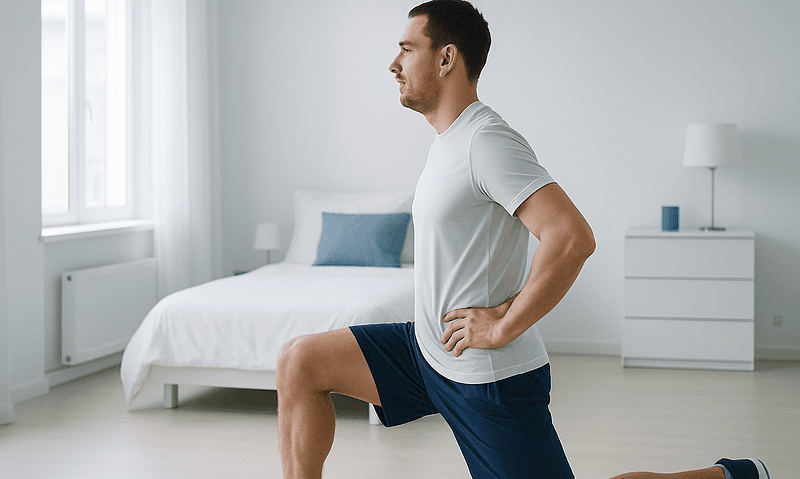 Man performing stretching exercise in a bright bedroom.