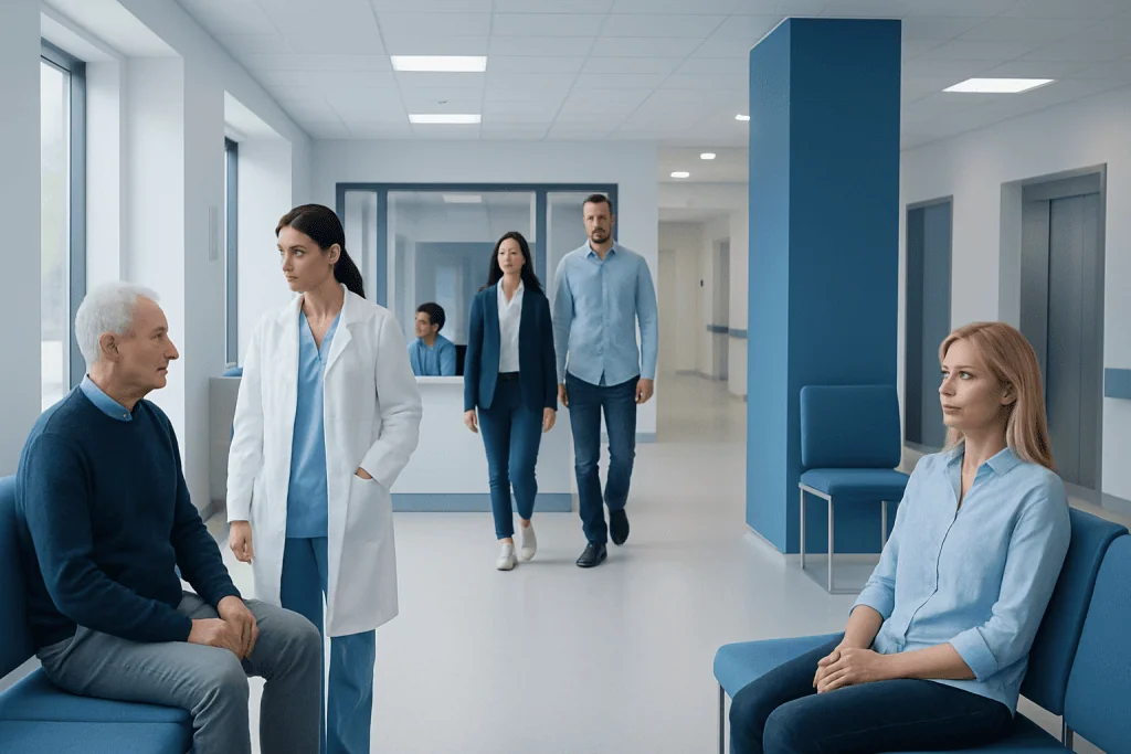 Carpal tunnel surgery in Turkey: Hospitals, Safety & What to Expect 1 Patients and medical staff in a hospital corridor at Acibadem Hospitals Group.
