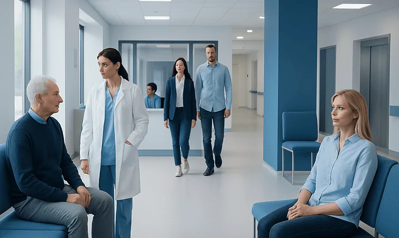 Patients and medical staff in a hospital corridor at Acibadem Hospitals Group.