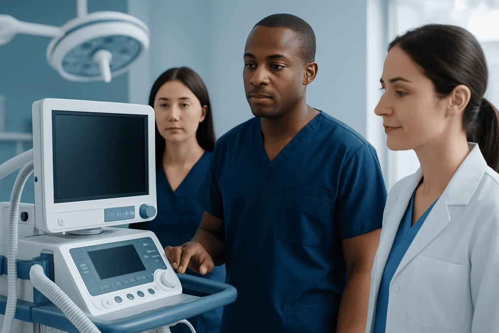 Medical team using ultrasound machine in hospital setting.