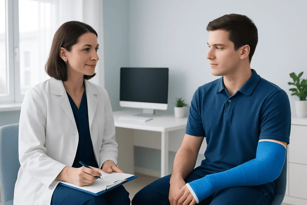 Doctor consulting with a young male patient with arm injury at hospital.