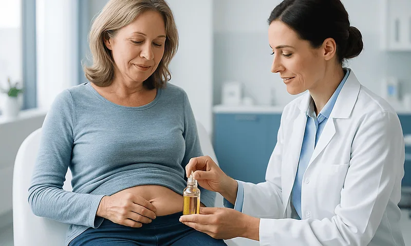Doctor applying castor oil to a woman's belly in a clinical setting.
