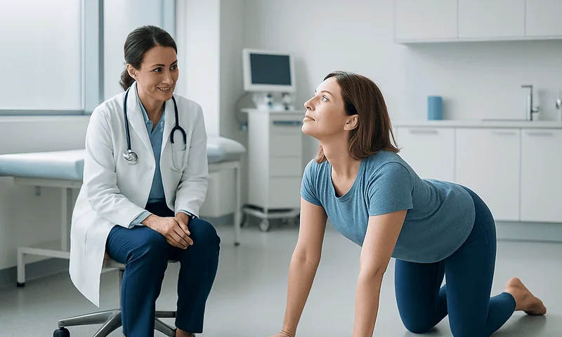 Physiotherapist guiding a patient through a Cat-Cow stretch exercise.