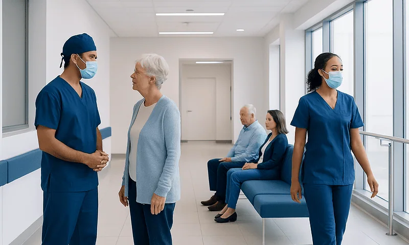 Healthcare professionals and elderly patients in a hospital corridor wearing masks.