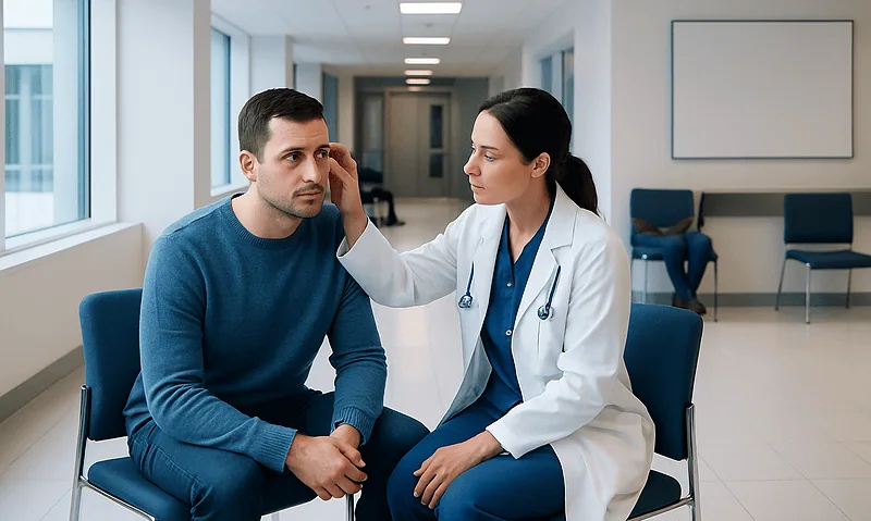 Doctor examining patient's ear in a medical consultation room.