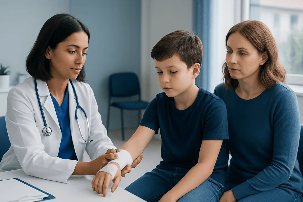 Doctor examining child's wrist in a medical consultation room.