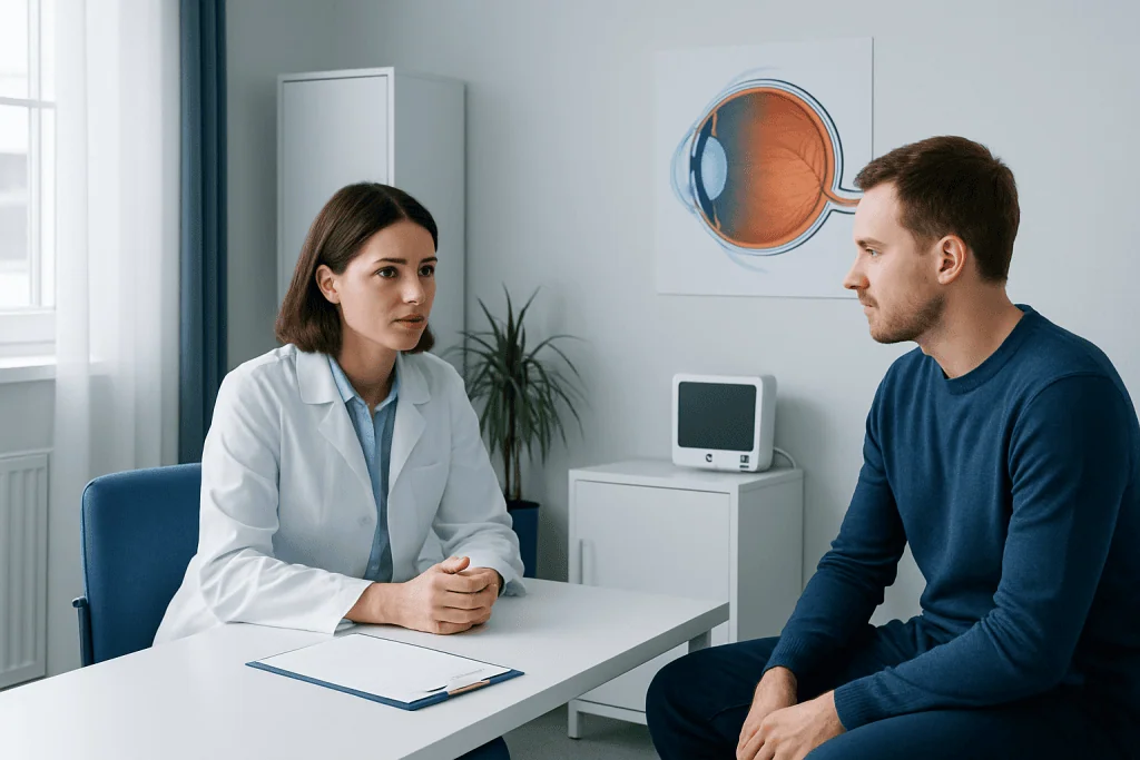 Ophthalmologist consulting with a patient about eye health in a clinic.