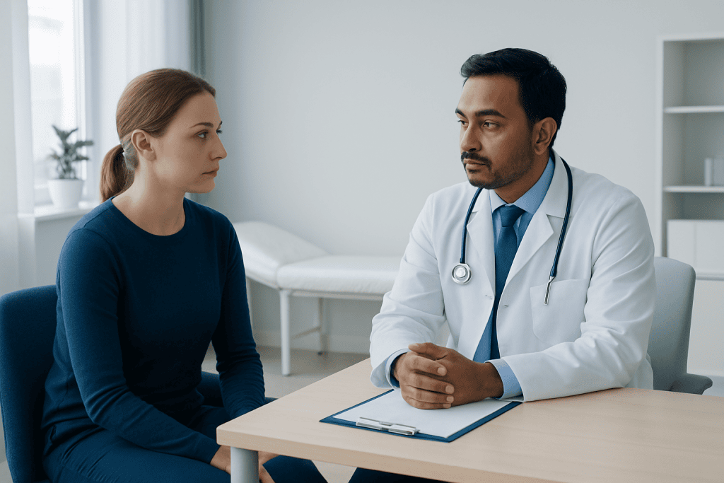 Doctor consulting with a patient in a medical office setting.