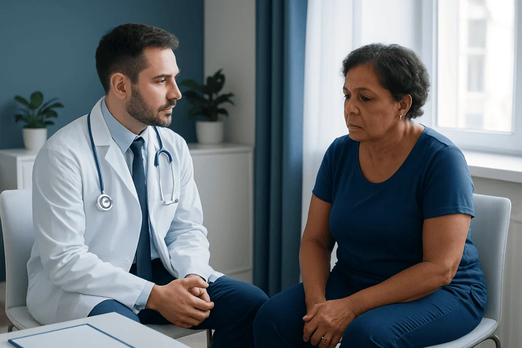 Doctor consulting with an older female patient in a medical office.