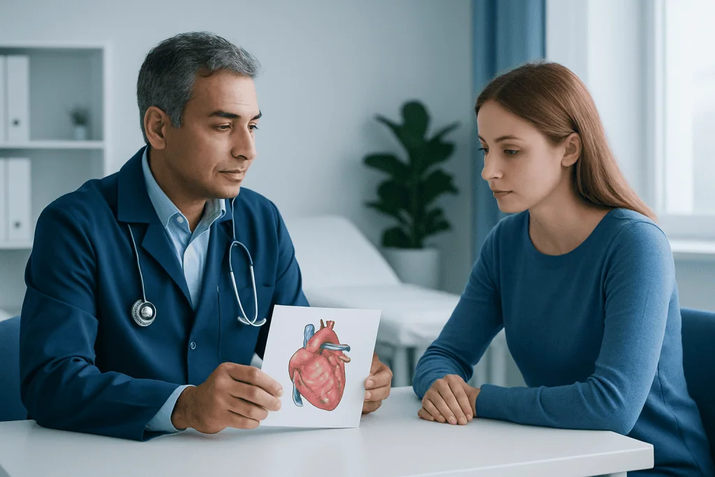 Doctor explaining heart diagram to young woman in consultation room.