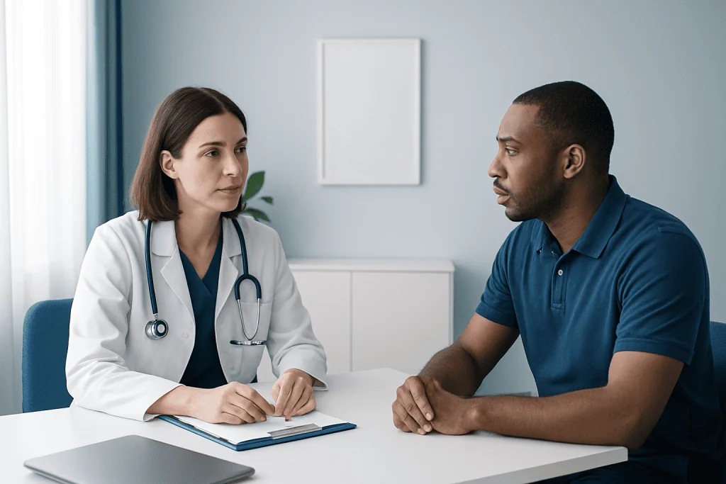 Doctor consulting with a patient in a medical office.
