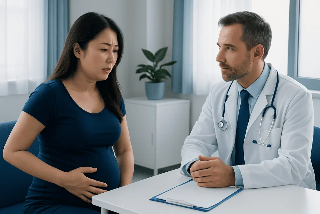 Pregnant woman consulting with a doctor in a hospital setting.