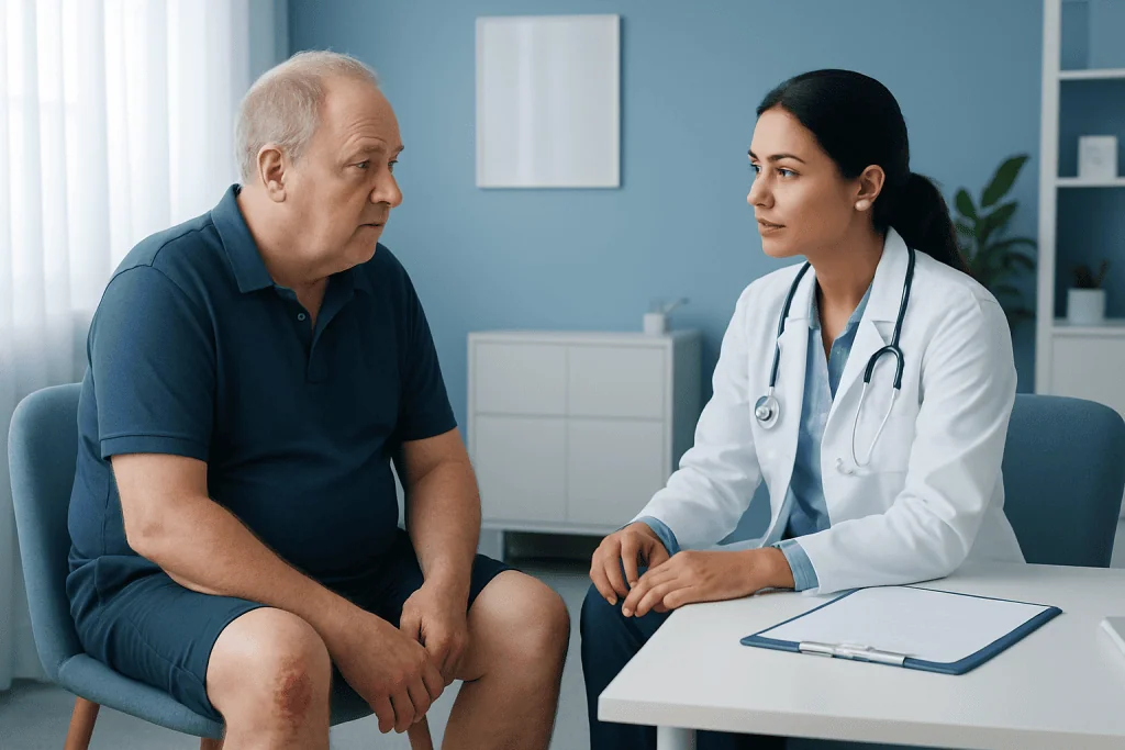 Doctor consulting with an elderly male patient about leg ulcers in a medical office.
