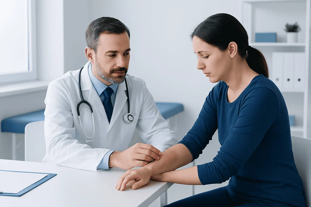 Doctor examining patient's arm for skin infection diagnosis.