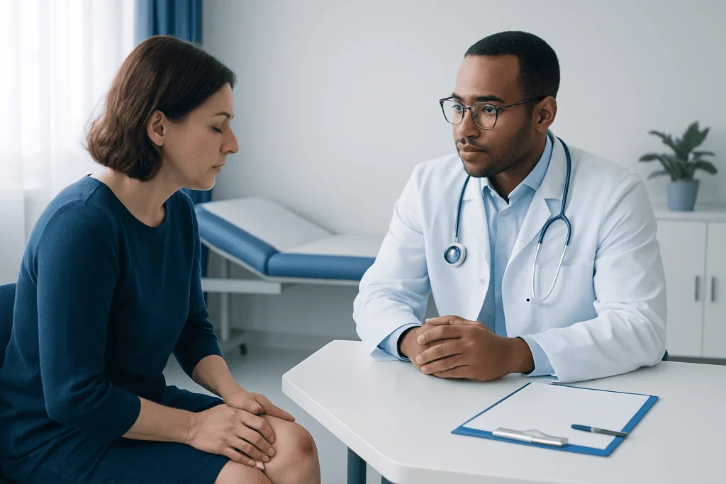 Doctor consulting with a female patient in a medical office setting.