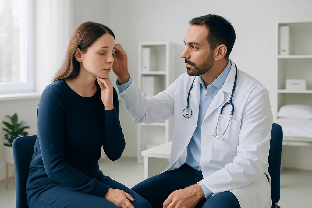 Doctor examining a woman's eye in a clinical setting.