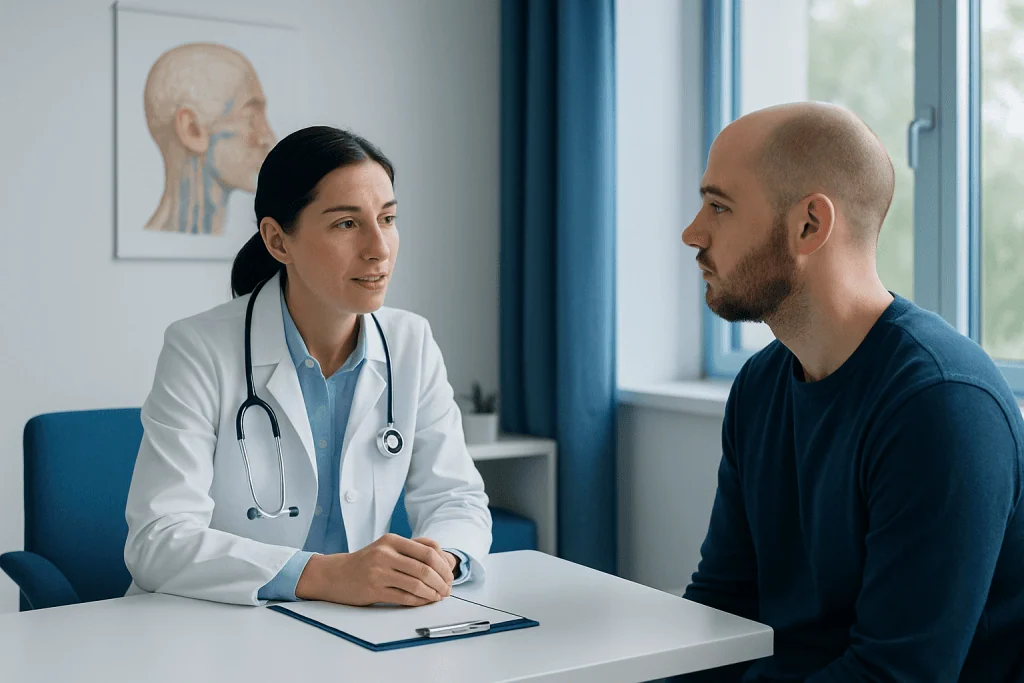 Doctor consulting male patient in a medical office with anatomical chart in background.