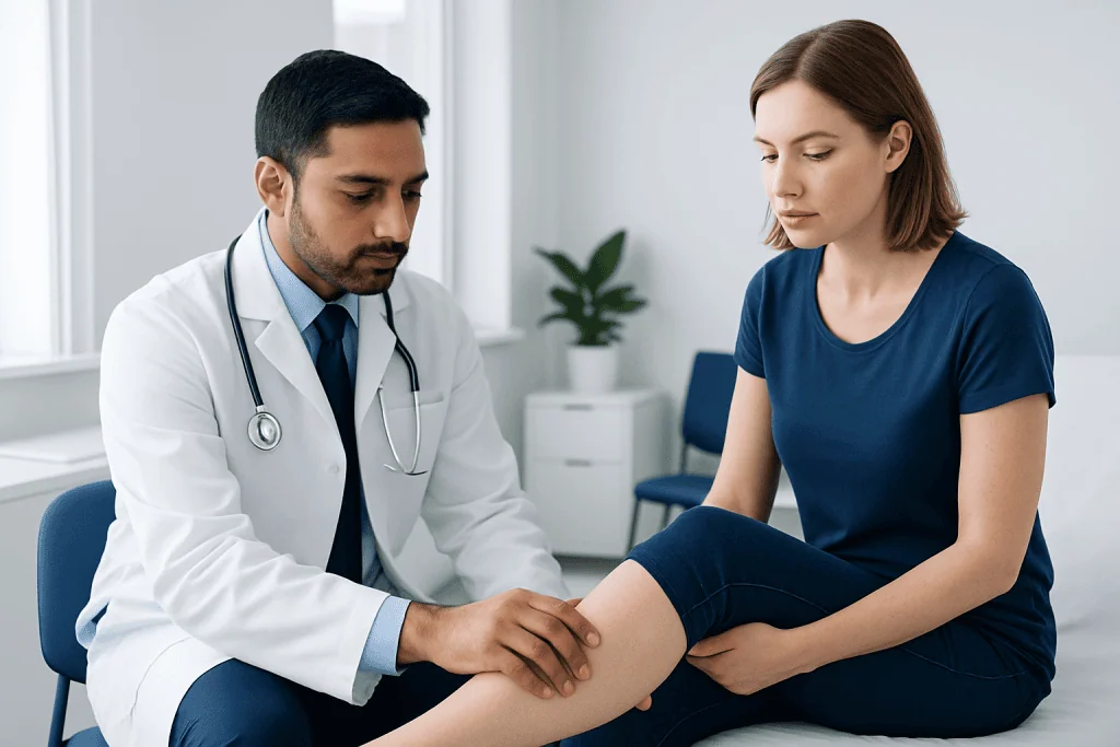 Doctor examining patient's leg in a medical consultation setting.