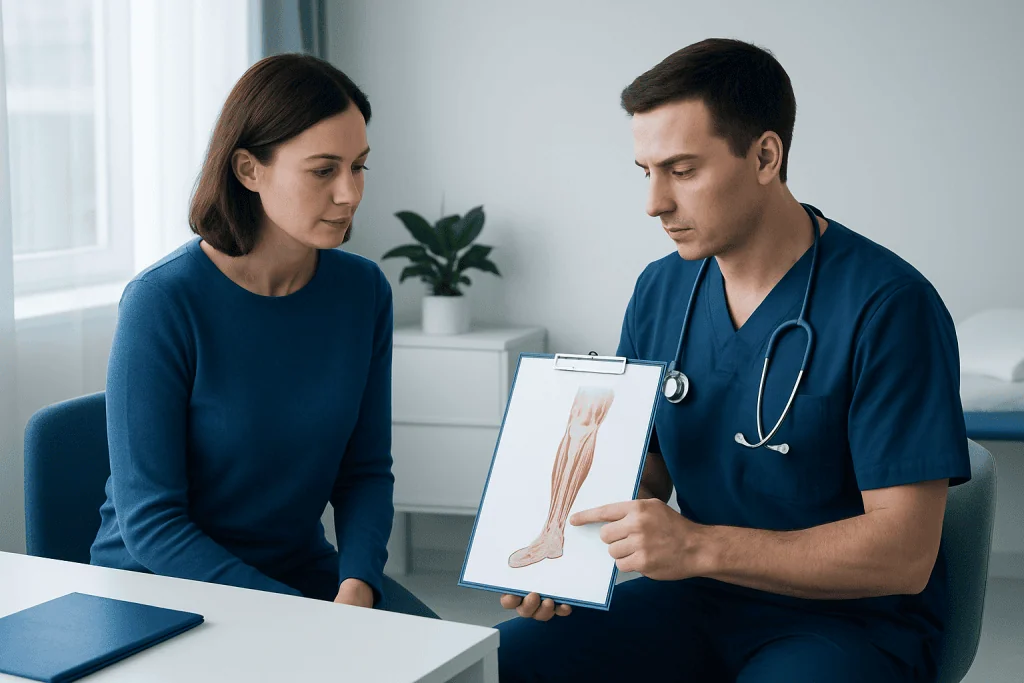 Doctor explaining leg anatomy to patient during consultation at Acibadem Hospital.