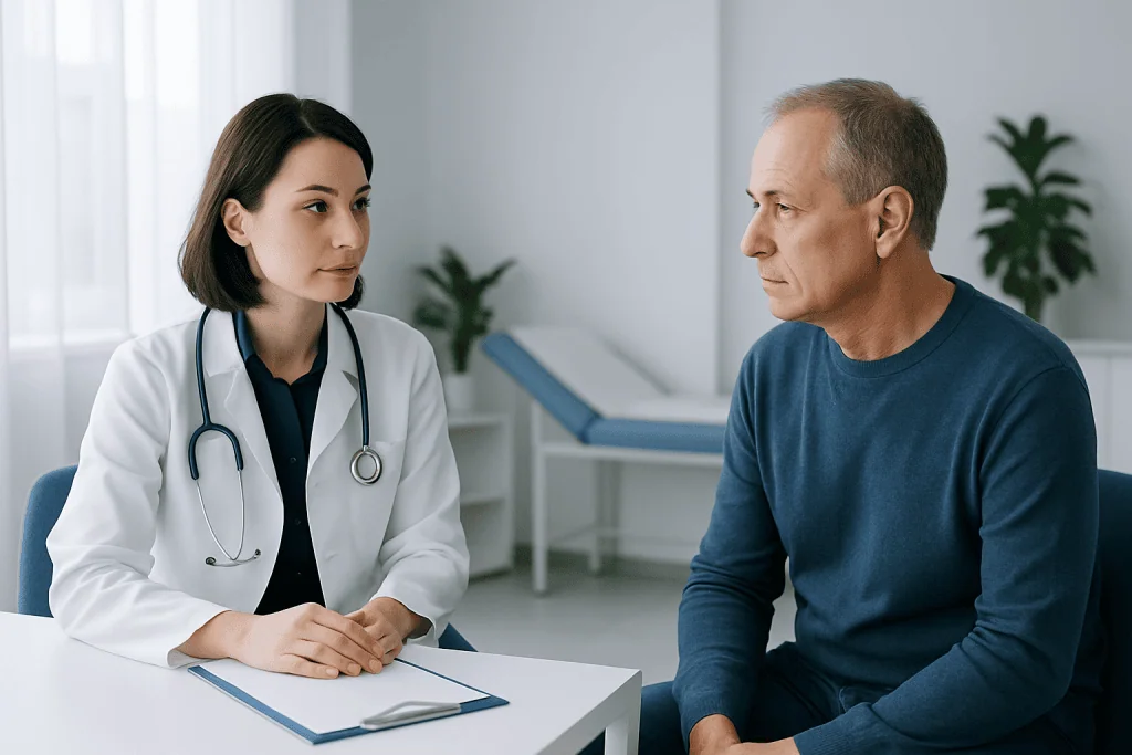 Doctor consulting with a male patient in a medical office setting.