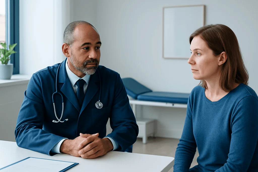 Doctor consulting with a female patient in a medical office setting.