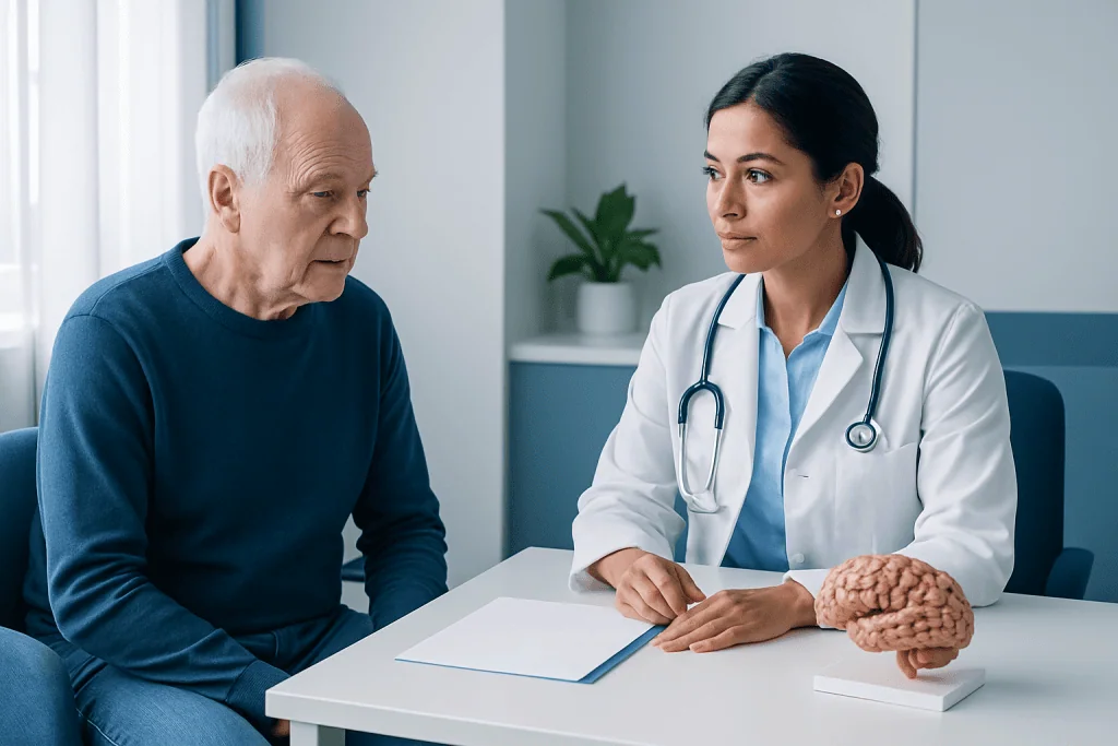 Doctor consulting with elderly patient about brain health and atrophy.
