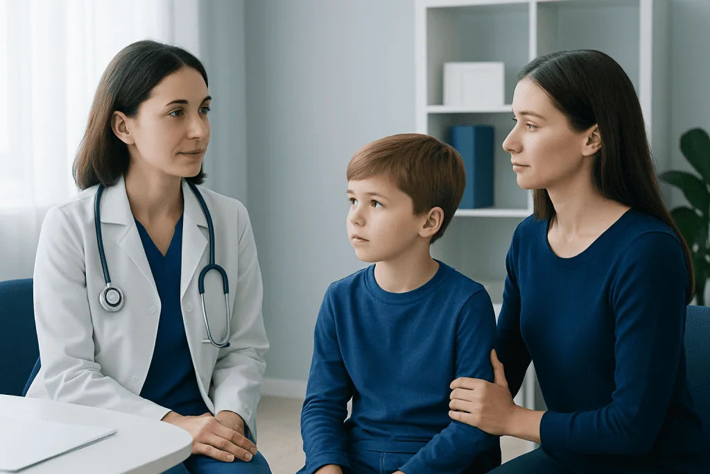 Doctor consulting with a young boy and his mother in a medical office.