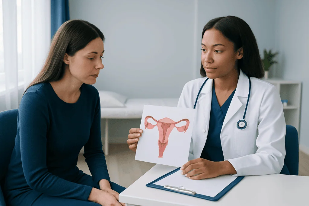 Doctor explaining uterine health to patient with anatomical diagram.