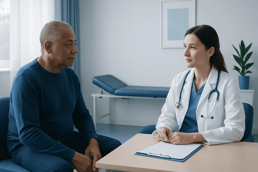 Doctor consulting with a patient in a medical office setting.