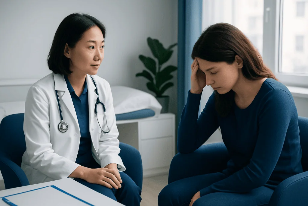Doctor consulting with a young woman in a medical office setting.