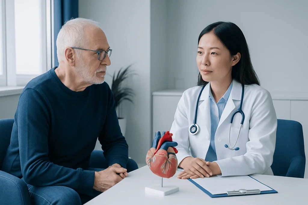 Doctor explaining heart model to senior male patient in consultation room.