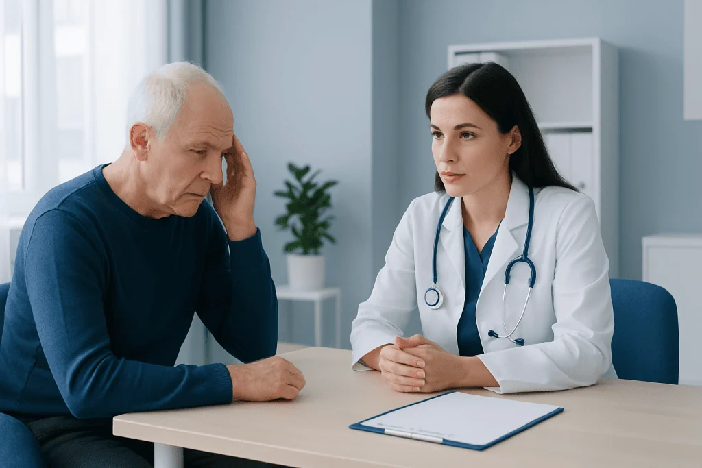 Doctor consulting with an elderly patient about health concerns.
