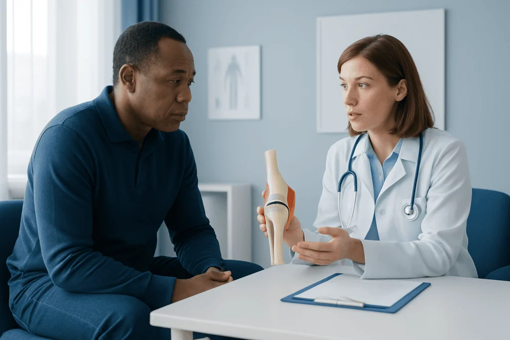 Doctor explaining knee anatomy to patient in consultation room.