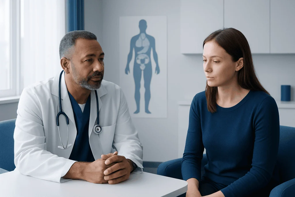 Doctor consulting with a female patient in a medical office.
