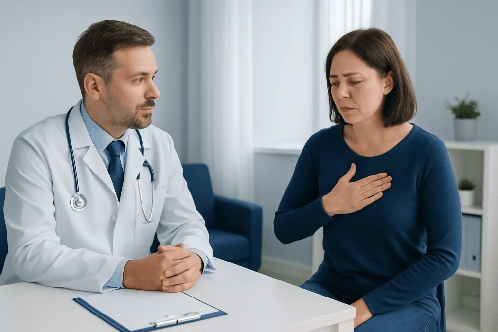 Doctor consulting with a woman patient about chest pain symptoms.